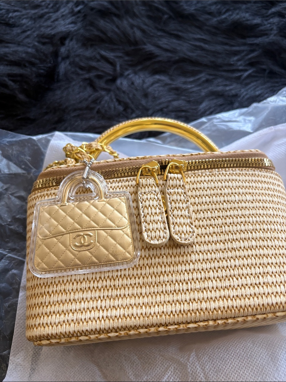 Woven Mini Top-Handle Bag with Gold Chain - Natural